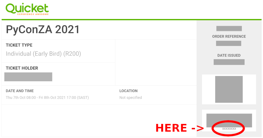 Screenshot of an example ticket showing where to find the barcode.